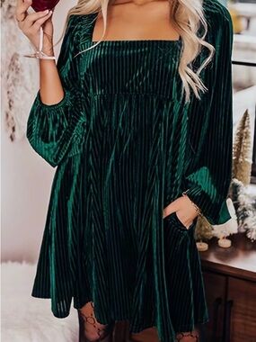 Emerald Green Velvet Babydoll Dress - Women